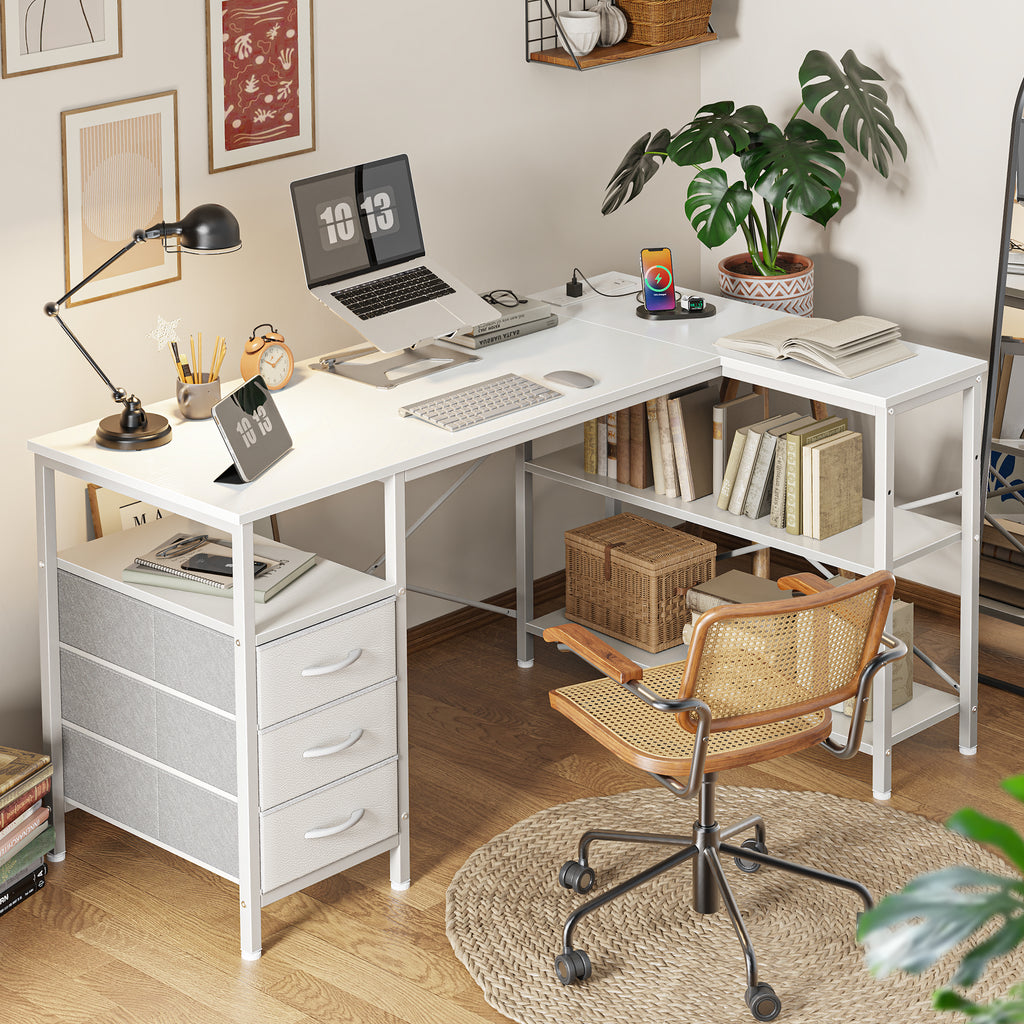 47 Inch L Shaped Office Desk with Power Outlets, Computer Desk with Drawers, Corner Desk for Home Office, White