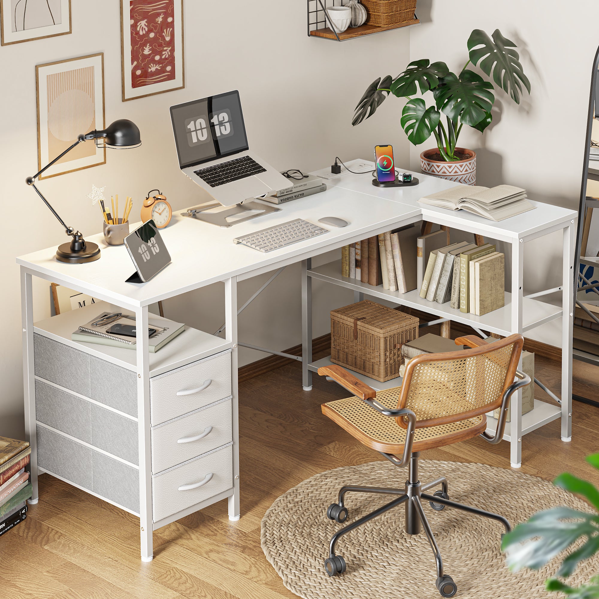 47 Inch L Shaped Office Desk with Power Outlets, Computer Desk with Drawers, Corner Desk for Home Office, White