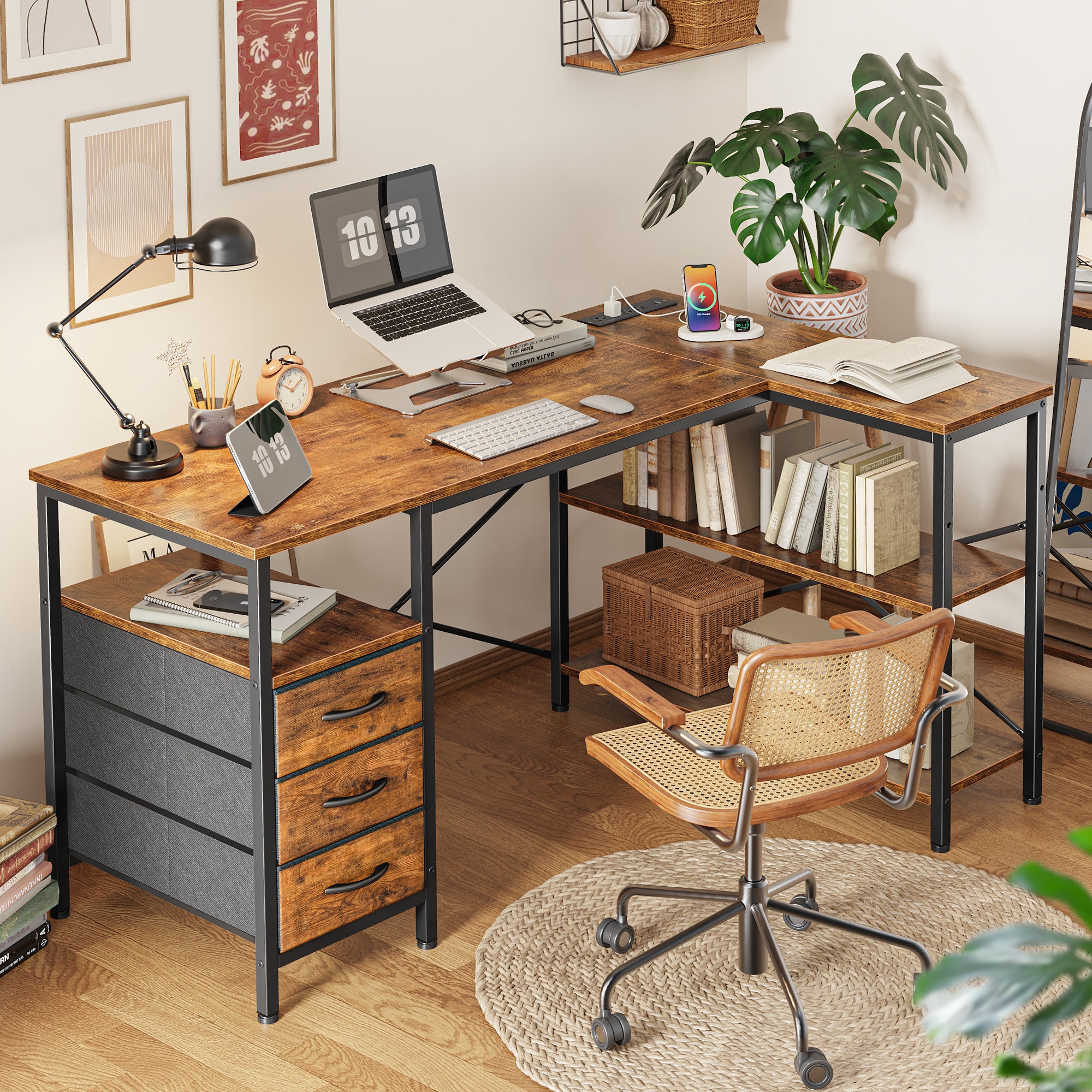 47 Inch L Shaped Office Desk with Power Outlets, Computer Desk with Drawers, Corner Desk for Home Office, Brown