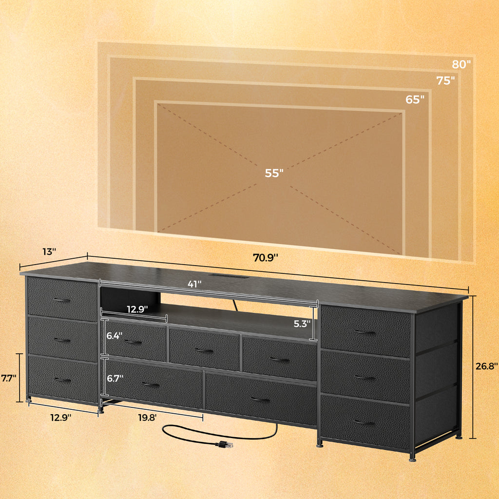 Amadwell Large TV Stand for 75, 80 Inch TVs, 11 Drawers with Power Outlets & LED Lights, 70 inch Entertainment Center