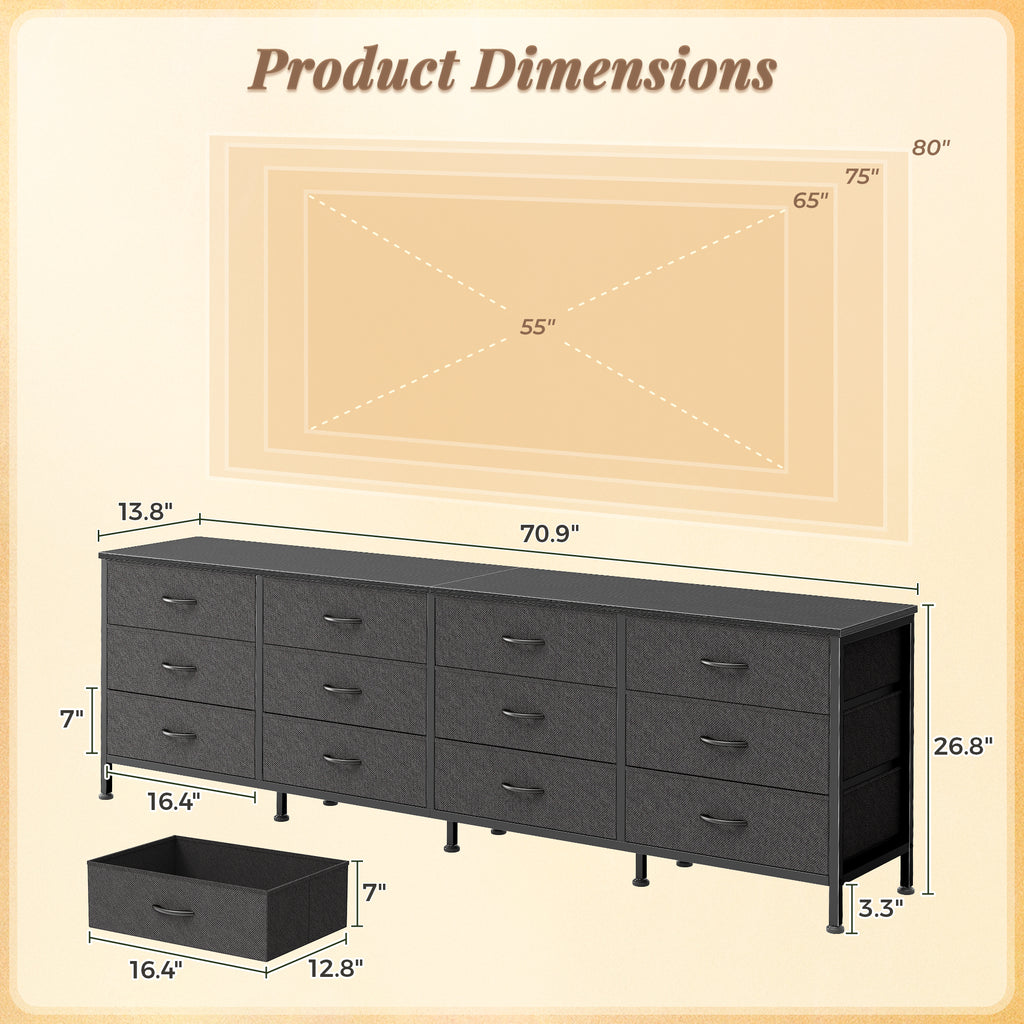 70 Inch Large Dresser for Bedroom, 12 Drawer TV Stand for 65, 75 Inch TV, Long Dresser for Living Room, Black