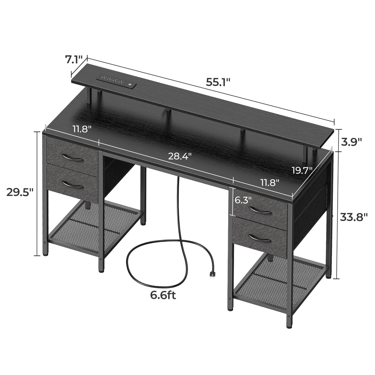 Amadwell 55" Gaming Computer Desk with LED Lights, Power Outlets, Home Office Writing Desk with 4 Drawers, Black