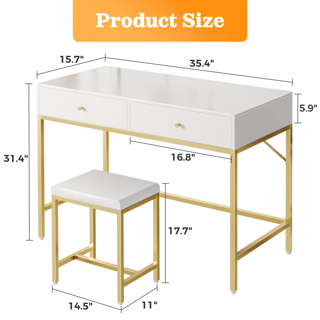 Amadwell 35.4 Inches White and Gold Desk with 2 Drawers, Vanity Desk with Padded Stool, Bedroom, Gold