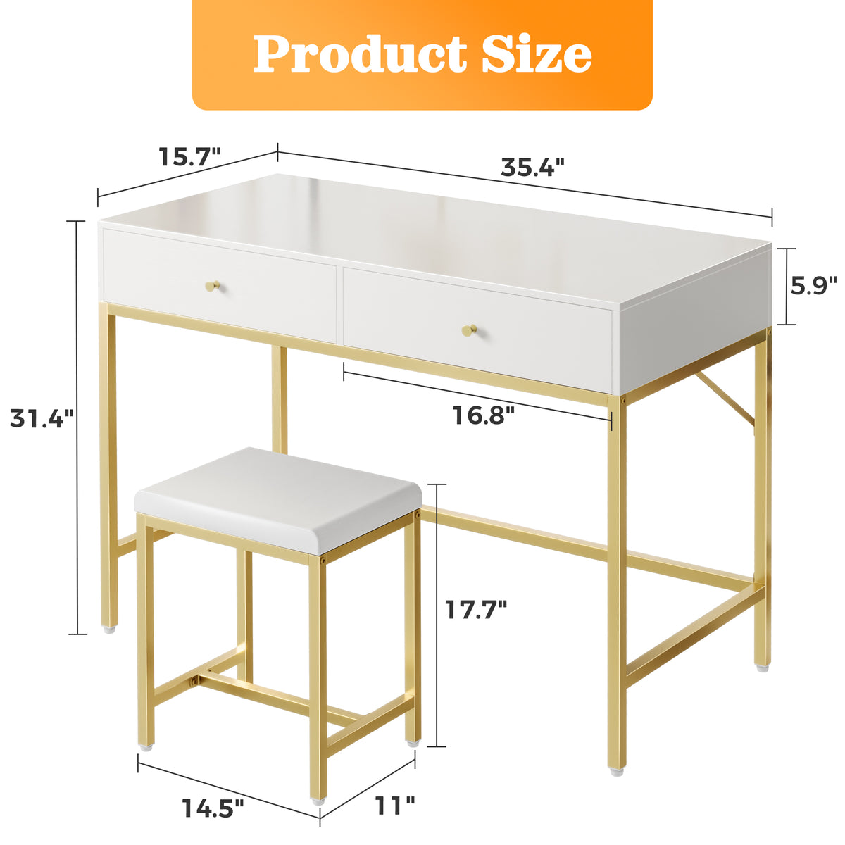 Amadwell 35.4 Inches White and Gold Desk with 2 Drawers, Vanity Desk with Padded Stool, Bedroom, Gold