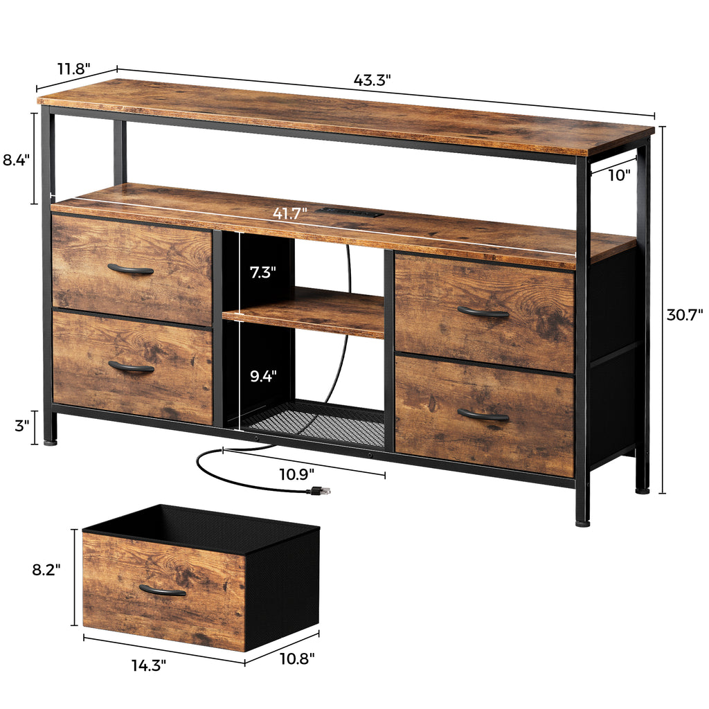 Amadwell TV Stand with Power Outlets & LED Lights, 4 Drawer Dresser Entertainment Center, Media Console with Open Shelf, Brown