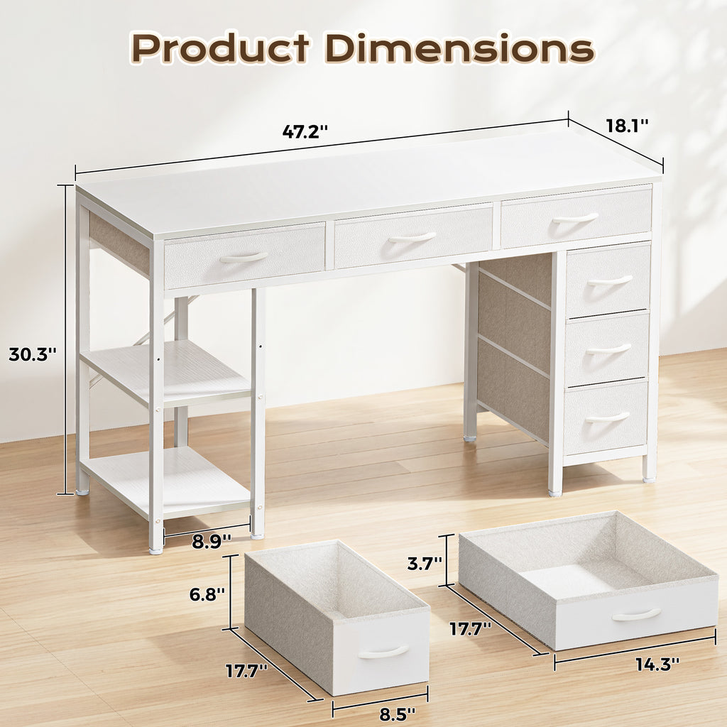 Amadwell 47" Desk with Drawers & Storage, Office Desk with Reversible Shelves, Gaming Computer Desk, White