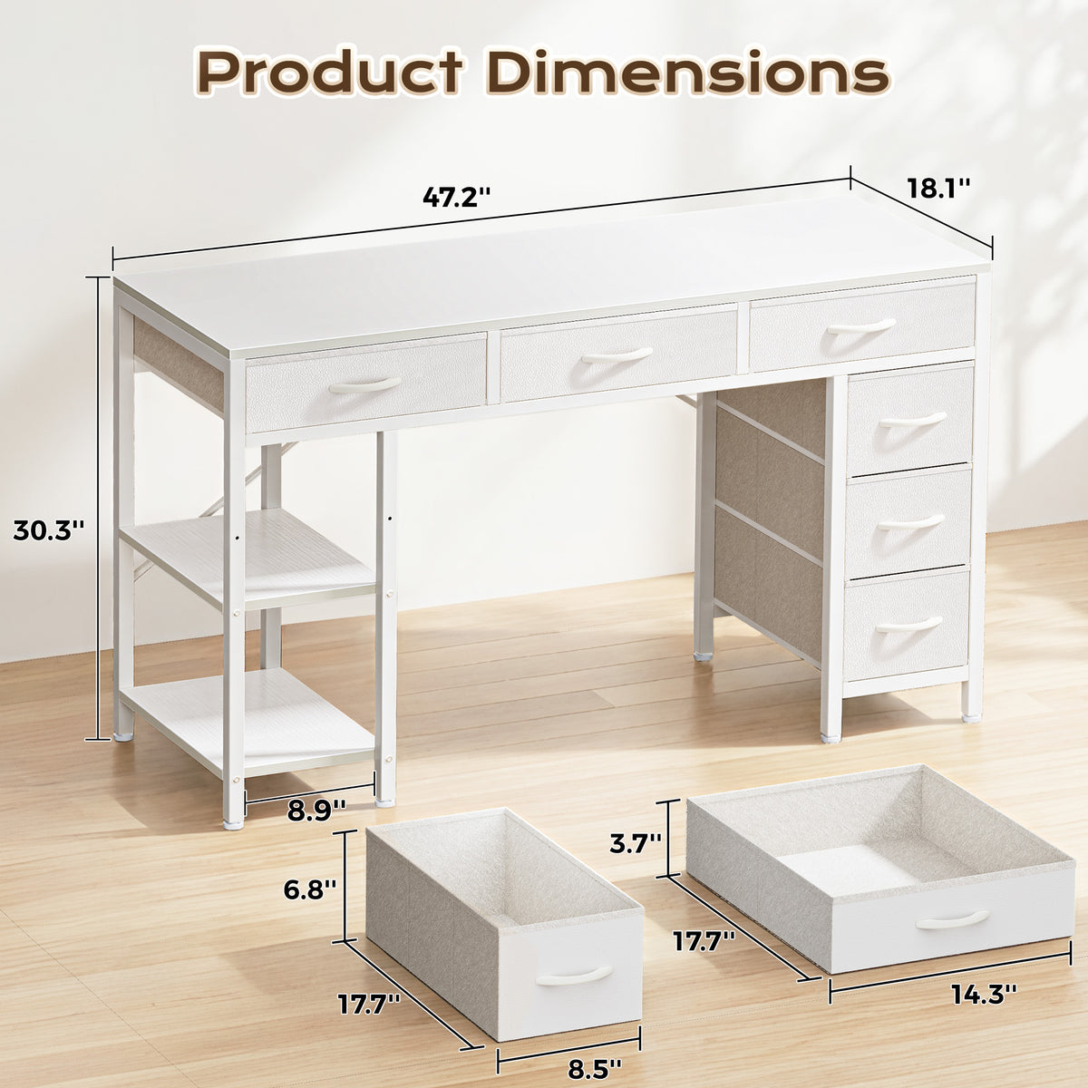 Amadwell 47" Desk with Drawers & Storage, Office Desk with Reversible Shelves, Gaming Computer Desk, White