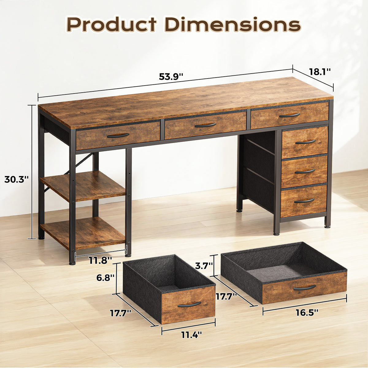 Amadwell 54" Desk with Drawers & Storage, Office Desk with Reversible Shelves, Gaming Computer Desk, Brown