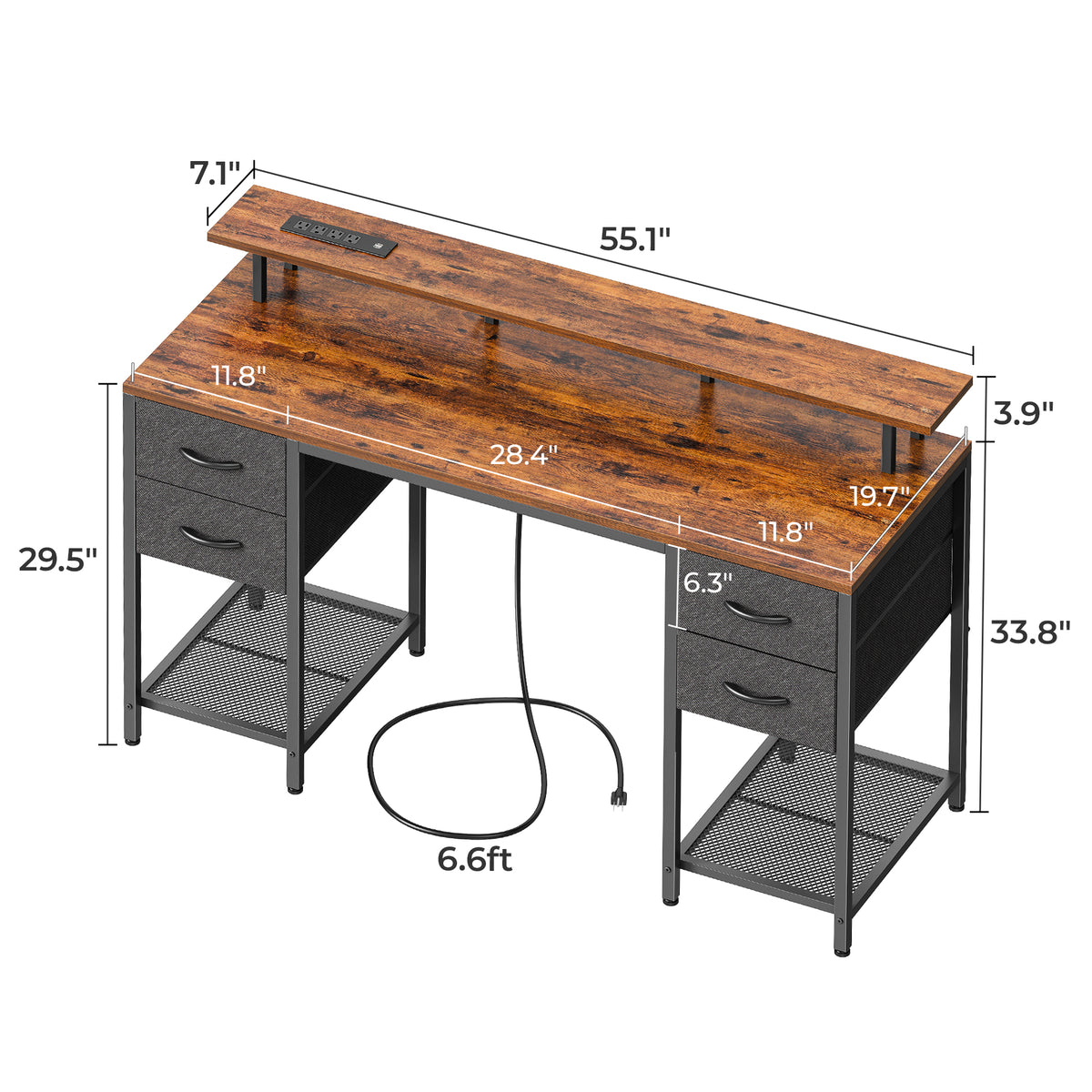 Amadwell 55" Gaming Computer Desk with LED Lights, Power Outlets, Home Office Writing Desk with 4 Drawers, Rustic Brown