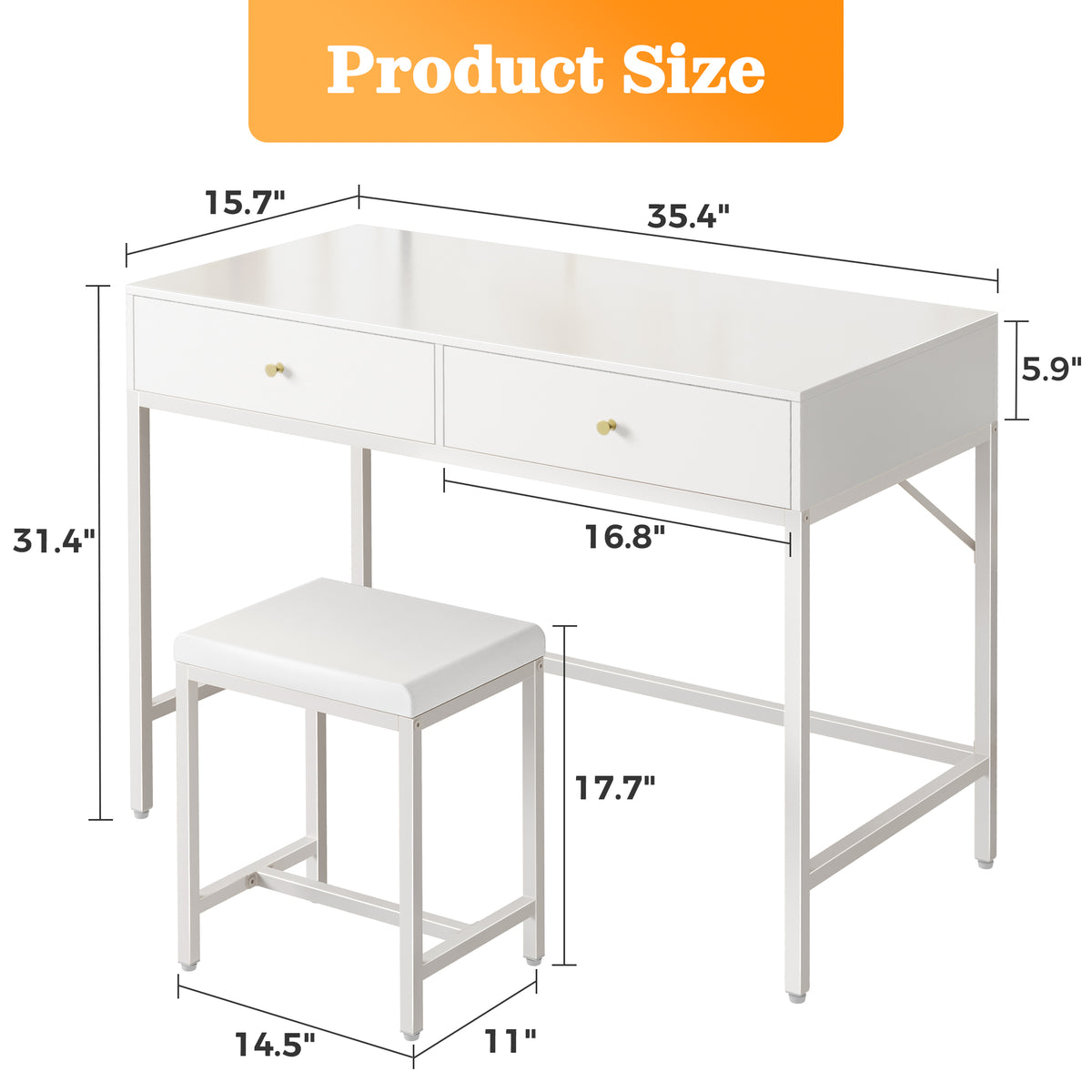 Amadwell 35.4 Inches White and Gold Desk with 2 Drawers, Vanity Desk with Padded Stool, Bedroom, White