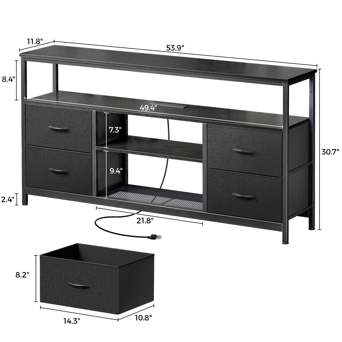 Amadwell TV Stand with Power Outlets & LED Lights, 4 Drawer Dresser Entertainment Center, Media Console with Open Shelf, Black