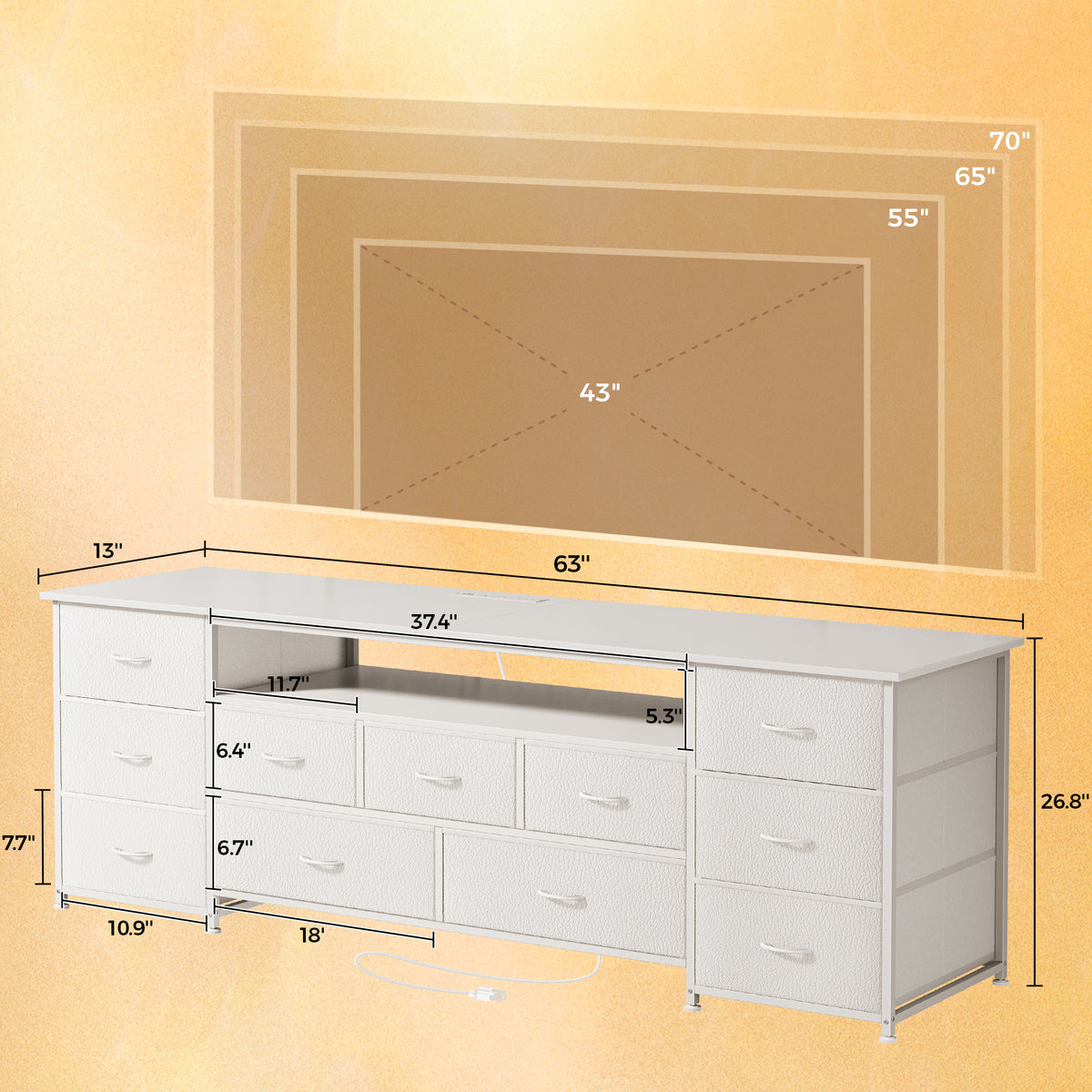 Amadwell Large TV Stand for 65, 70 Inch TVs, 11 Drawers with Power Outlets & LED Lights, 63 inch Entertainment Center, White