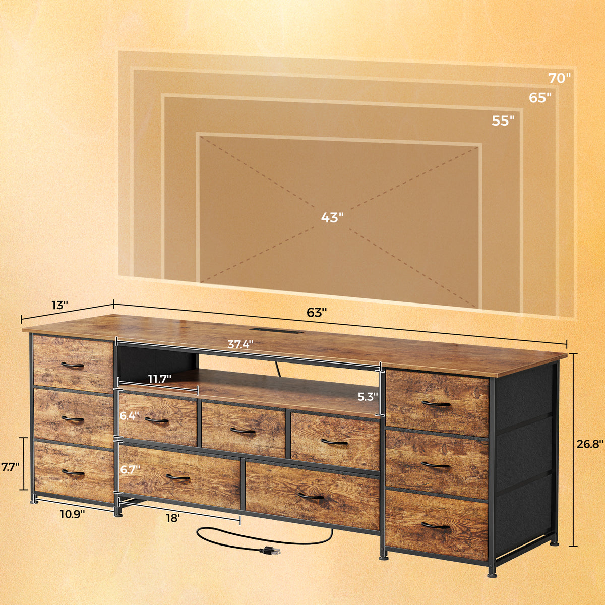 Amadwell Large TV Stand for 65, 70 Inch TVs, 11 Drawers with Power Outlets & LED Lights, 63 inch Entertainment Center, Brown