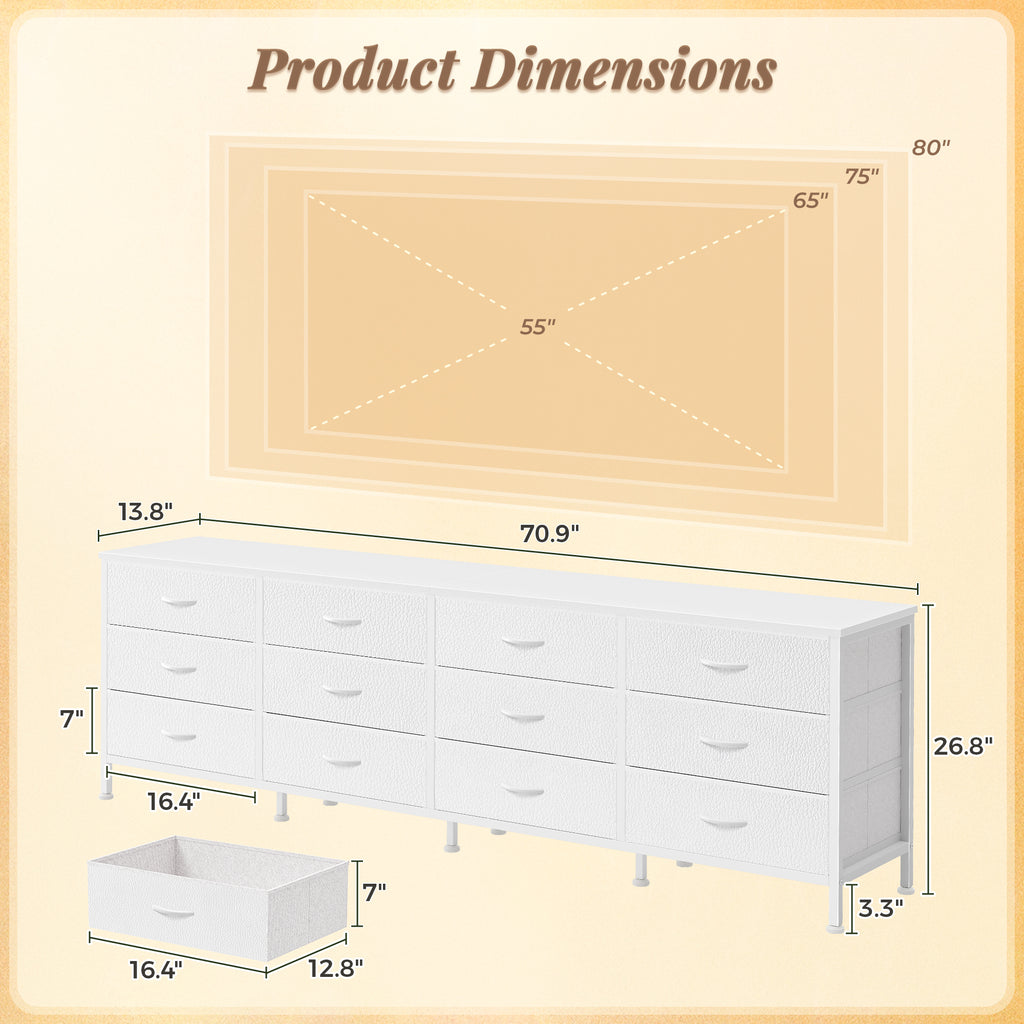 70 Inch Large Dresser for Bedroom, 12 Drawer TV Stand for 65, 75 Inch TV, Long Dresser for Living Room, White