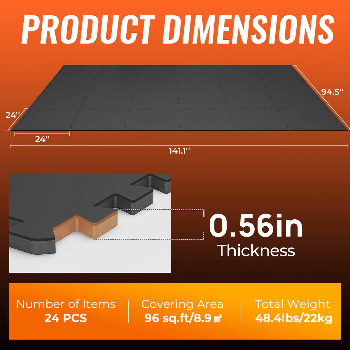Amadwell 24Pcs Interlocking Workout Mats, 0.56" Thick Rubber Top EVA Foam Gym Flooring, 96 Sq Ft High Density Protective Tiles for Home Gym & Exercise, Black