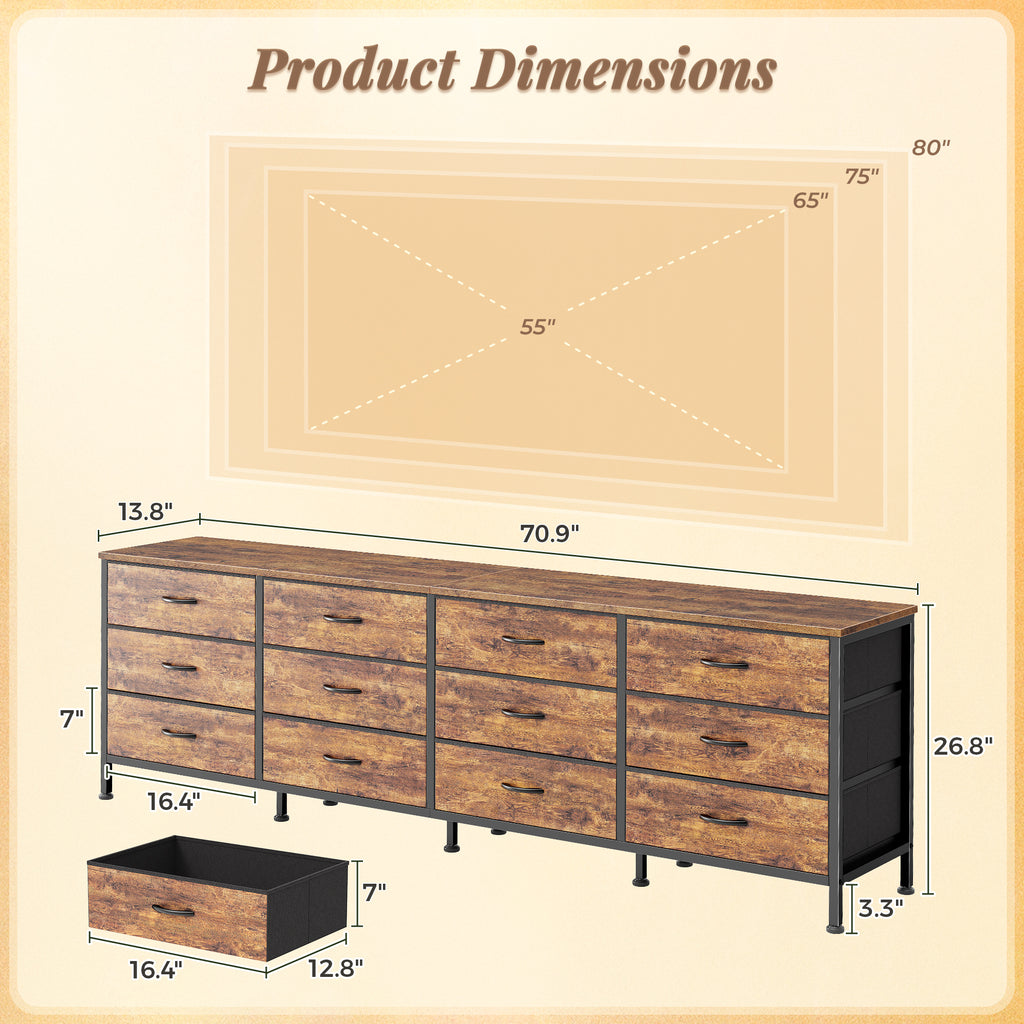 70 Inch Large Dresser for Bedroom, 12 Drawer TV Stand for 65, 75 Inch TV, Long Dresser for Living Room, Brown