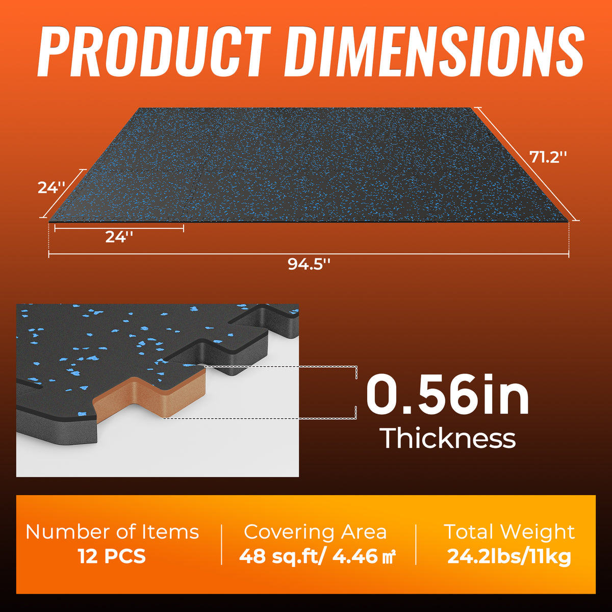 Amadwell 12Pcs Interlocking Workout Mats, 0.56" Thick Rubber Top EVA Foam Gym Flooring, 48 Sq Ft High Density Protective Tiles for Home Gym & Exercise, Blue