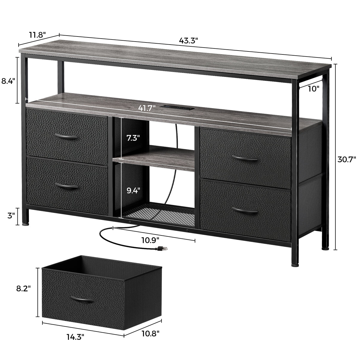 Amadwell TV Stand with Power Outlets & LED Lights, 4 Drawer Dresser Entertainment Center, Media Console with Open Shelf, Gray