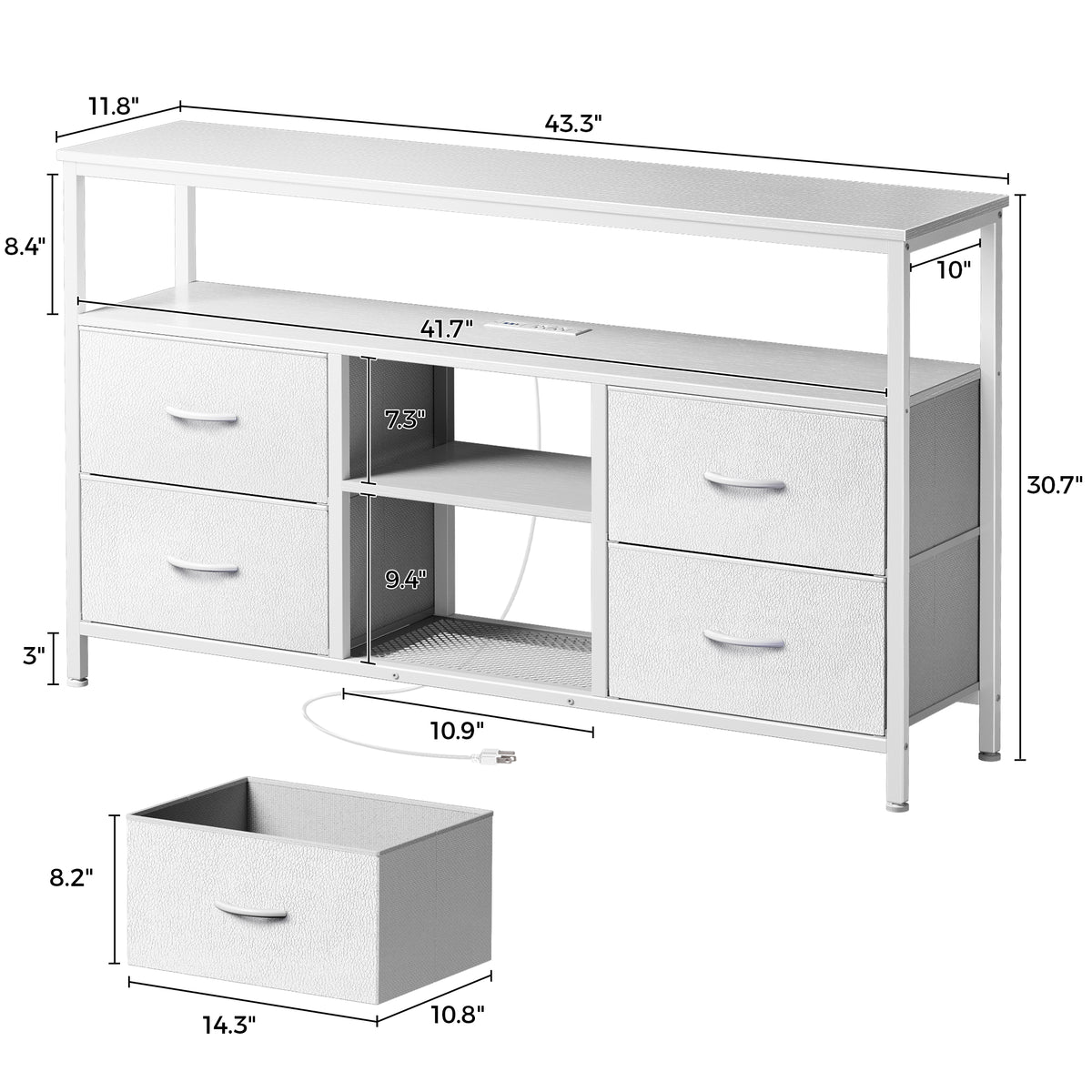 Amadwell TV Stand with Power Outlets & LED Lights, 4 Drawer Dresser Entertainment Center, Media Console with Open Shelf, White