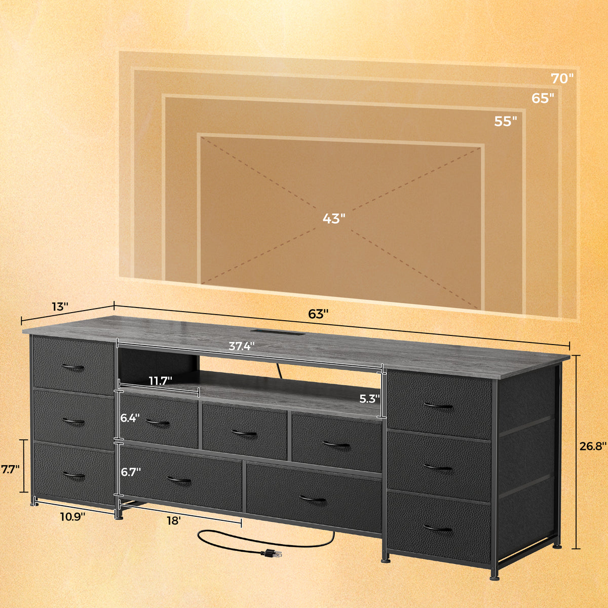 Amadwell Large TV Stand for 65, 70 Inch TVs, 11 Drawers with Power Outlets & LED Lights, 63 inch Entertainment Center, Gray