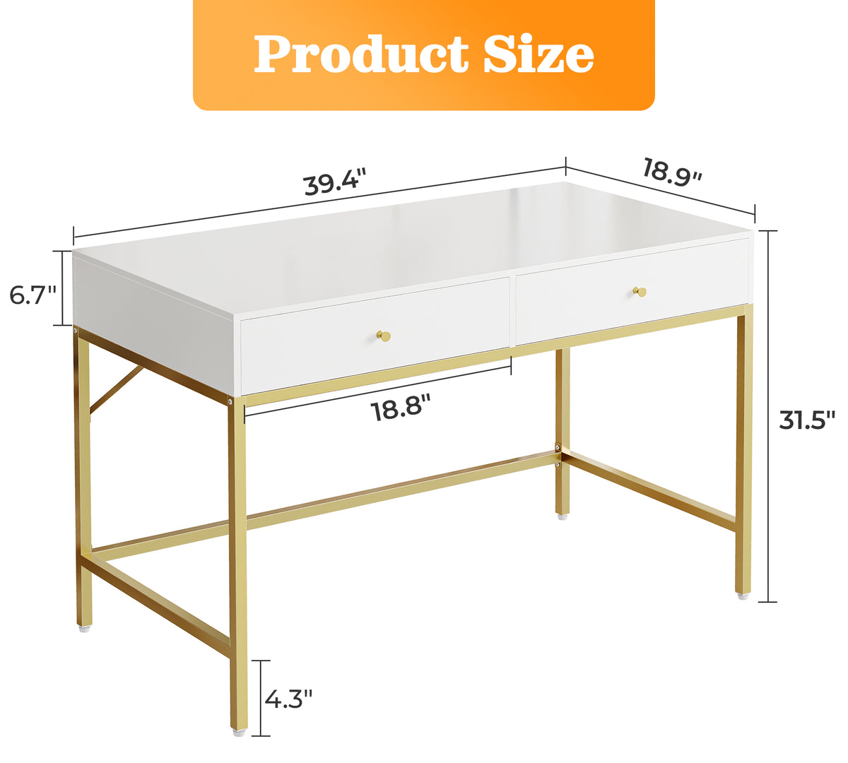 Amadwell 39 Inch White Vanity Desk with 2 Drawers, Small Makeup Vanity Computer Desk for Bedroom, Gold