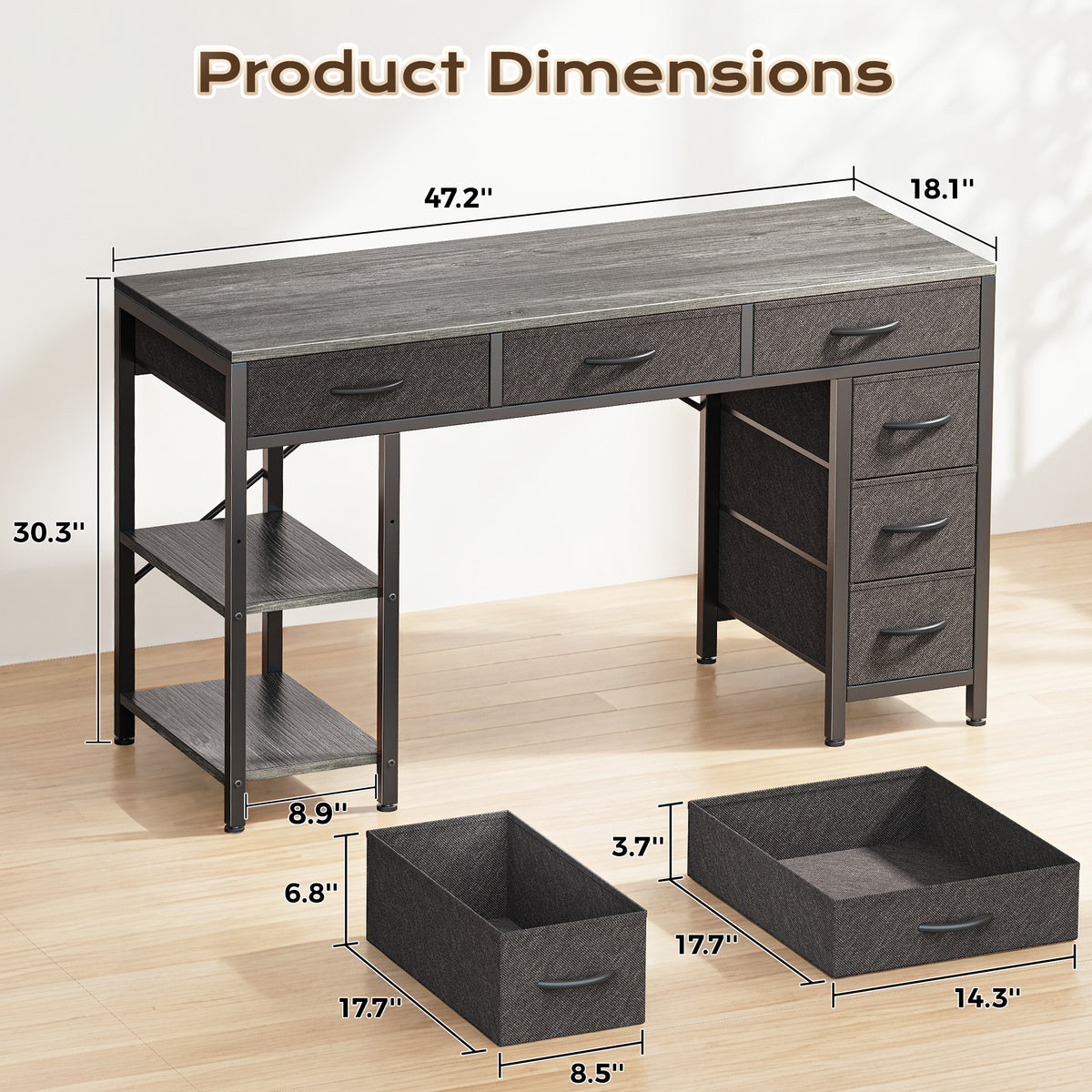 Amadwell 47" Desk with Drawers & Storage, Office Desk with Reversible Shelves, Gaming Computer Desk, Grey