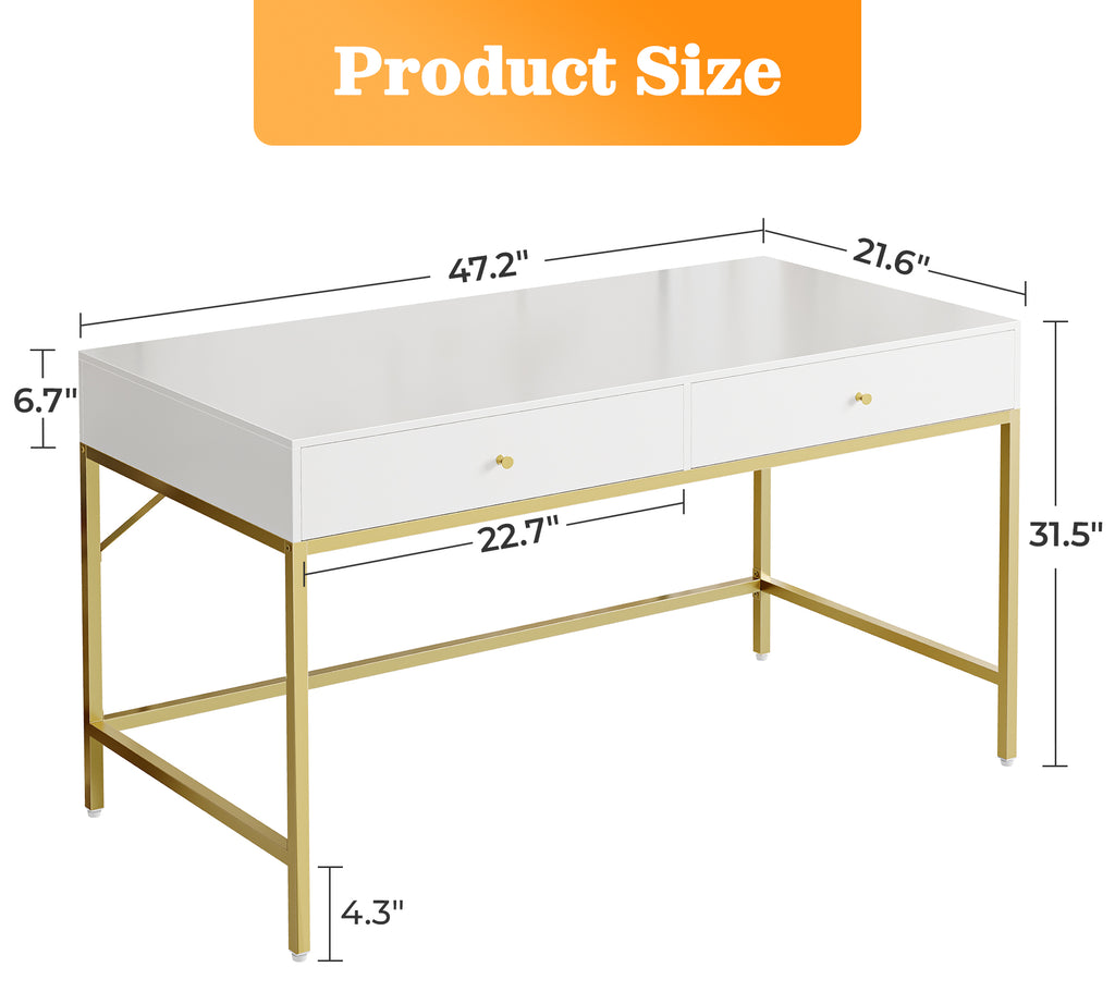Amadwell Vanity Desk with Drawers, 47 inch Computer Desk, Vanity Dressing Table with Storage, for Bedroom, Gold