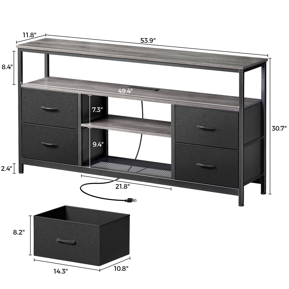 Amadwell TV Stand with Power Outlets & LED Lights, 4 Drawer Dresser Entertainment Center, Media Console with Open Shelf, Gray
