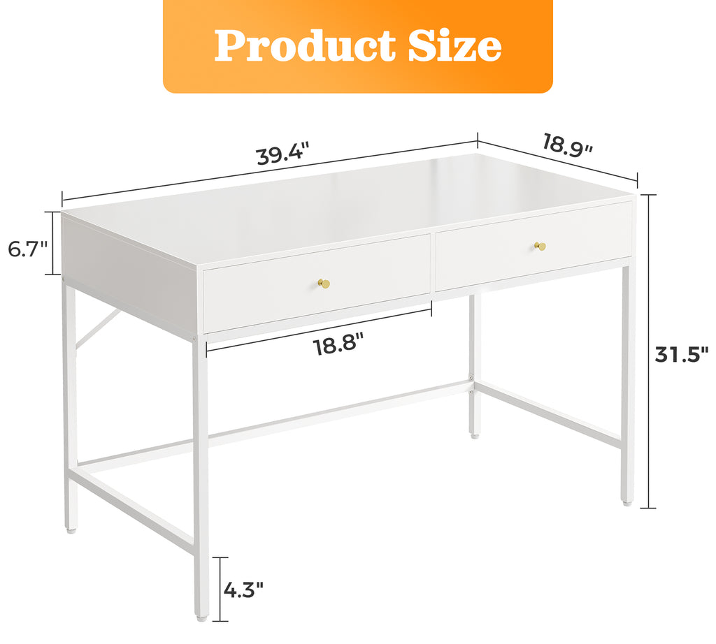 Amadwell 39 Inch White Vanity Desk with 2 Drawers, Small Makeup Vanity Computer Desk for Bedroom, White