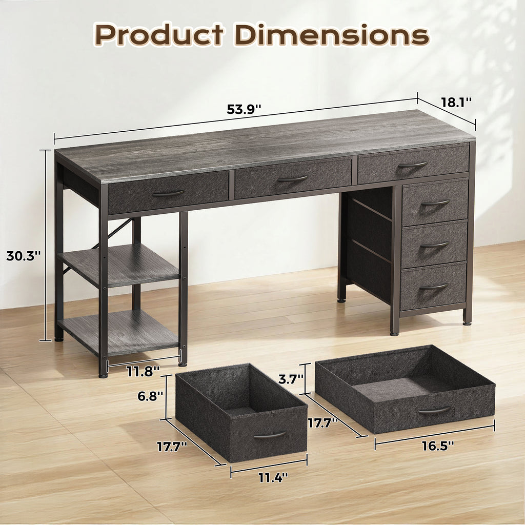 Amadwell 54" Desk with Drawers & Storage, Office Desk with Reversible Shelves, Gaming Computer Desk, Grey
