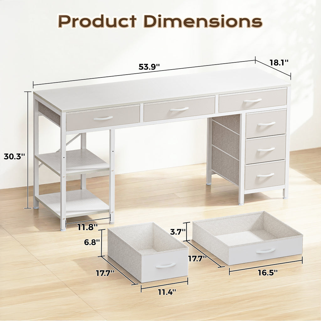 Amadwell 54" Desk with Drawers & Storage, Office Desk with Reversible Shelves, Gaming Computer Desk, White