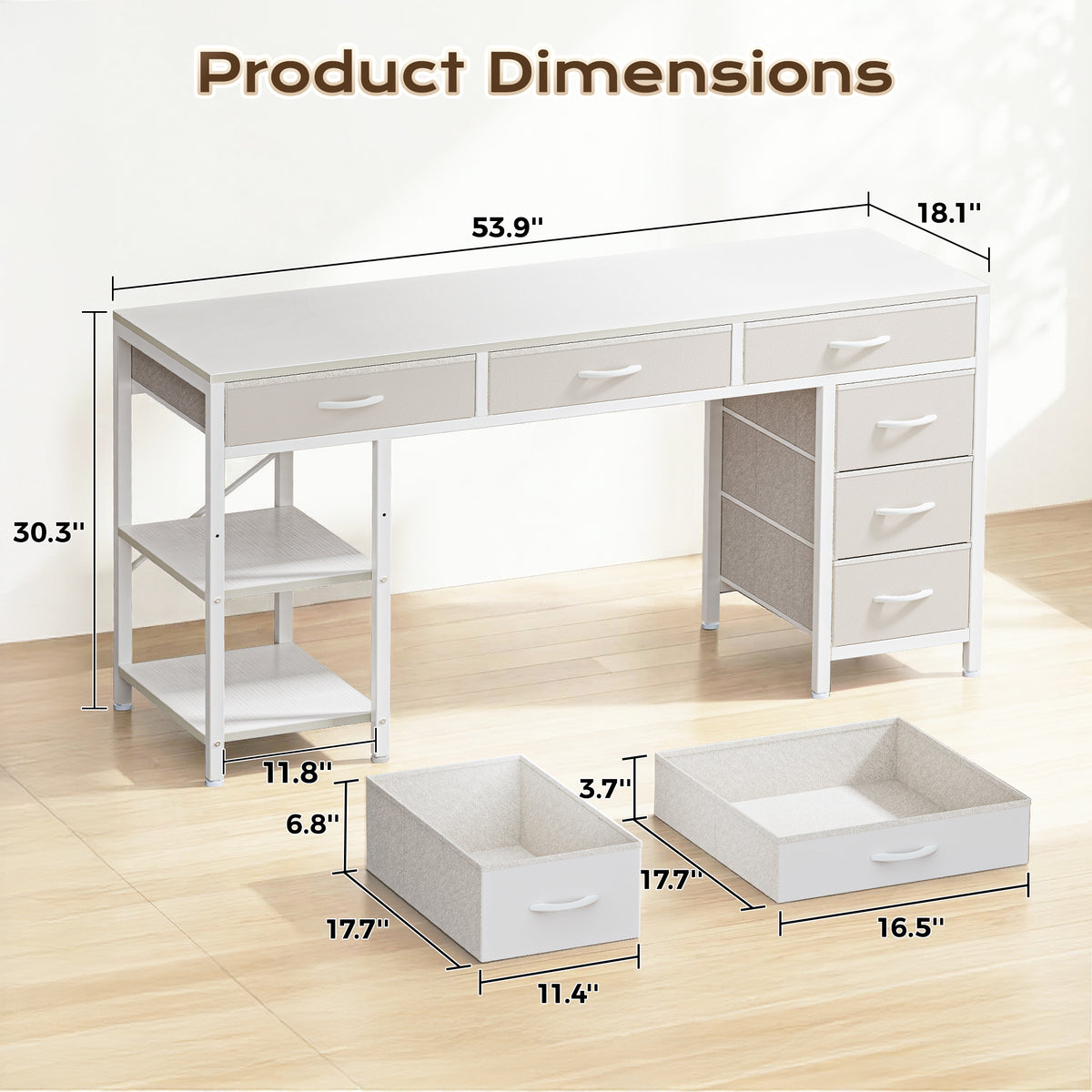 Amadwell 54" Desk with Drawers & Storage, Office Desk with Reversible Shelves, Gaming Computer Desk, White