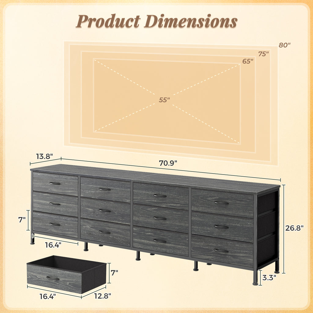 70 Inch Large Dresser for Bedroom, 12 Drawer TV Stand for 65, 75 Inch TV, Long Dresser for Living Room, Charcoal Black Wood Grain Print