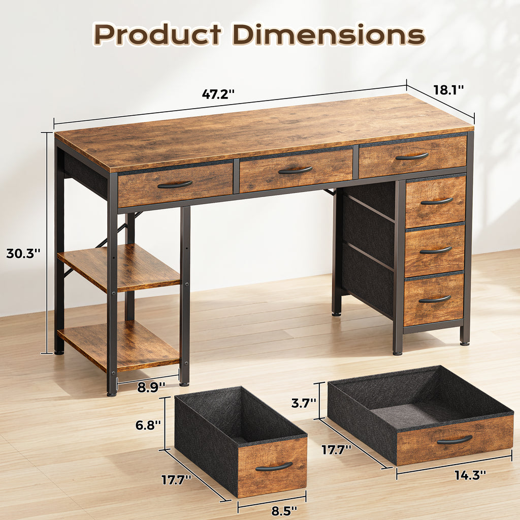 Amadwell 47" Desk with Drawers & Storage, Office Desk with Reversible Shelves, Gaming Computer Desk, Brown