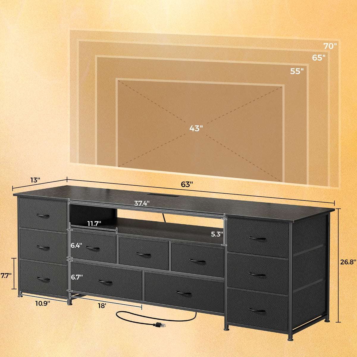 Amadwell Large TV Stand for 65, 70 Inch TVs, 11 Drawers with Power Outlets & LED Lights, 63 inch Entertainment Center, Black