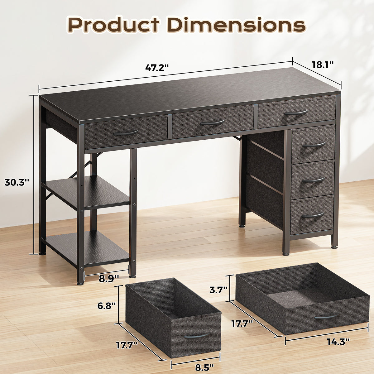 Amadwell 47" Desk with Drawers & Storage, Office Desk with Reversible Shelves, Gaming Computer Desk, Black