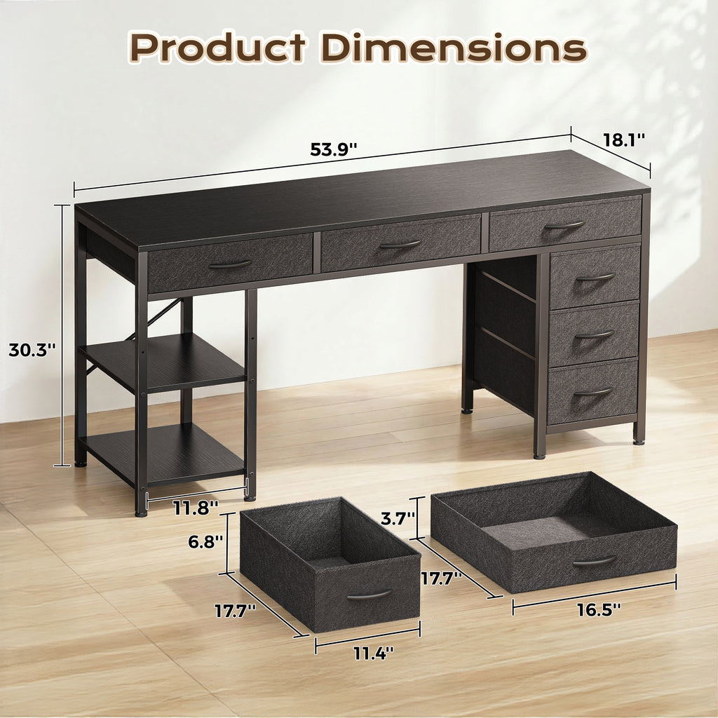 Amadwell 54" Desk with Drawers & Storage, Office Desk with Reversible Shelves, Gaming Computer Desk, Black