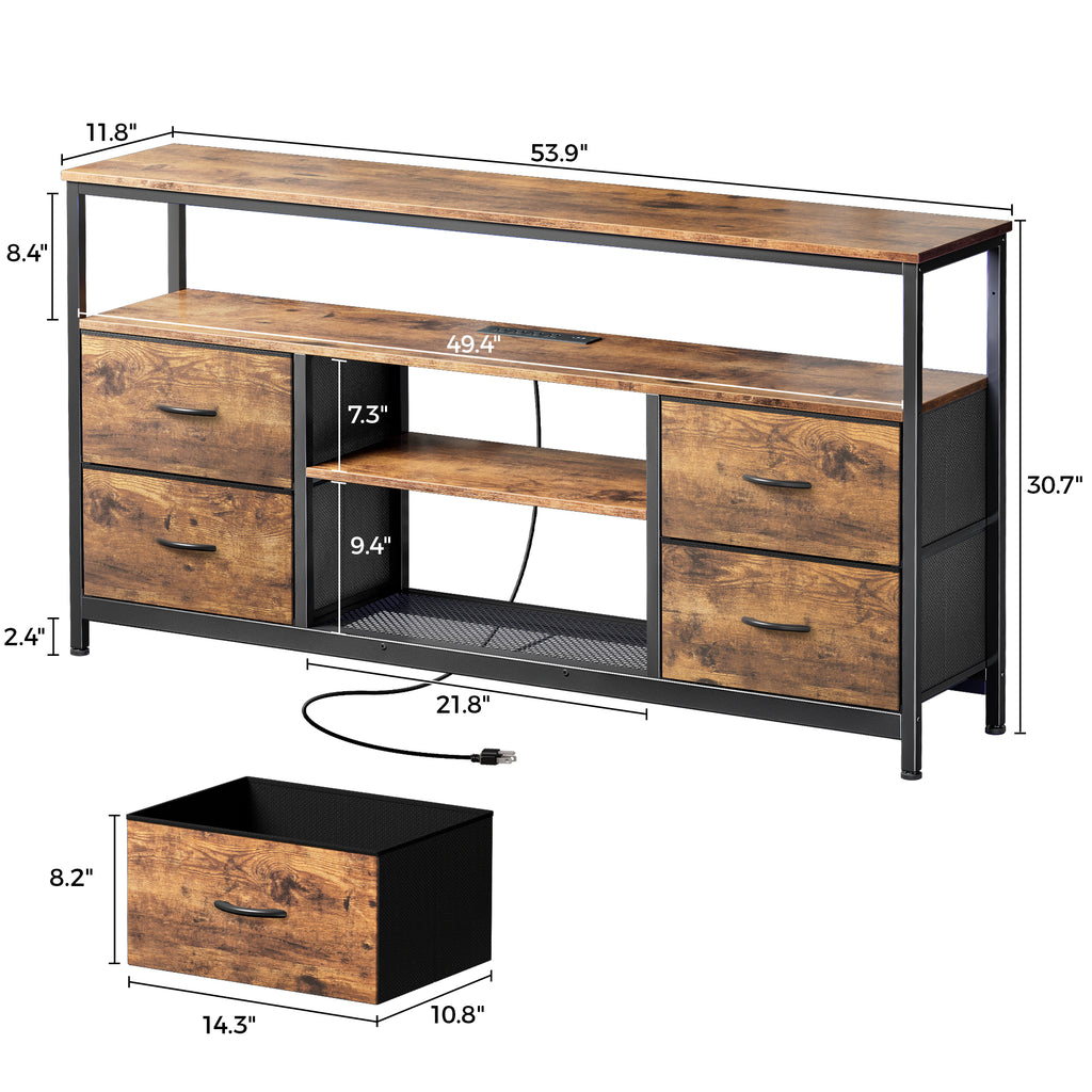 Amadwell TV Stand with Power Outlets & LED Lights, 4 Drawer Dresser Entertainment Center, Media Console with Open Shelf, Brown