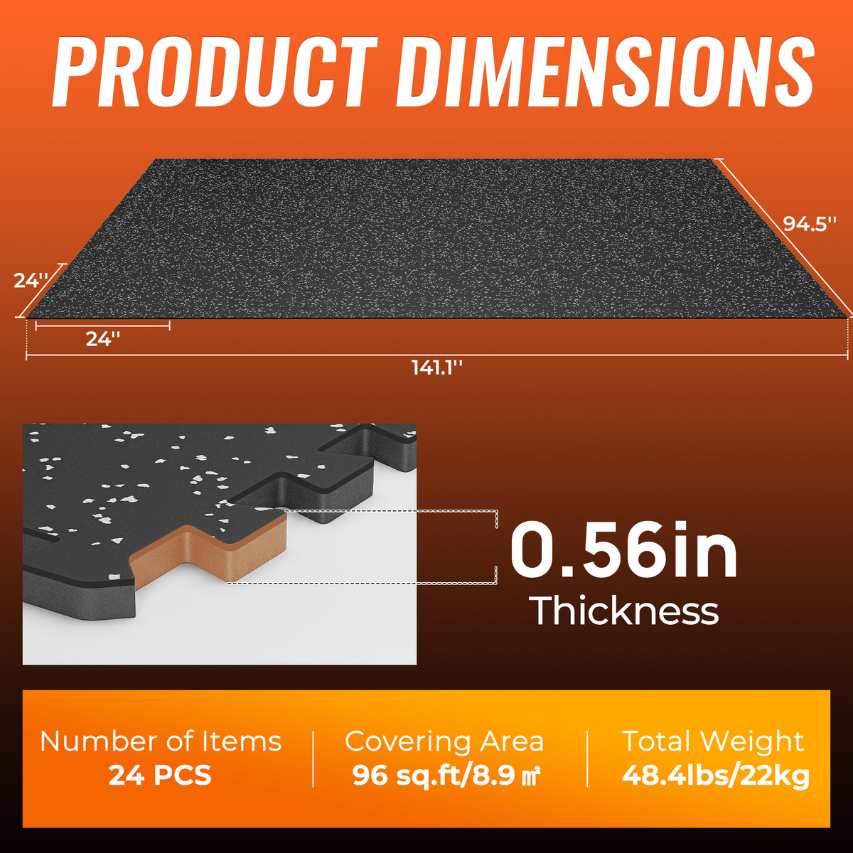Amadwell 24Pcs Interlocking Workout Mats, 0.56" Thick Rubber Top EVA Foam Gym Flooring, 96 Sq Ft High Density Protective Tiles for Home Gym & Exercise, Gray