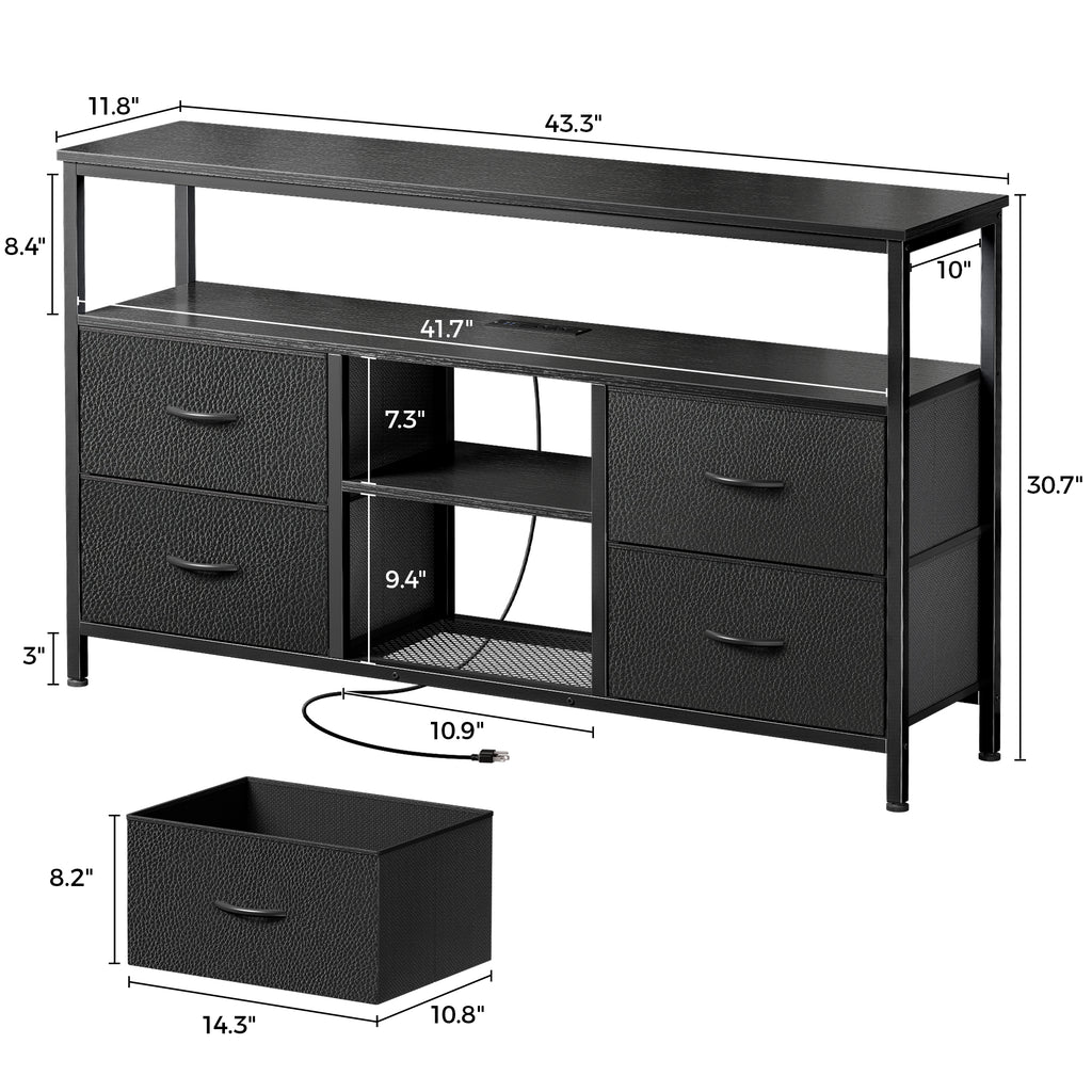 Amadwell TV Stand with Power Outlets & LED Lights, 4 Drawer Dresser Entertainment Center, Media Console with Open Shelf, Black