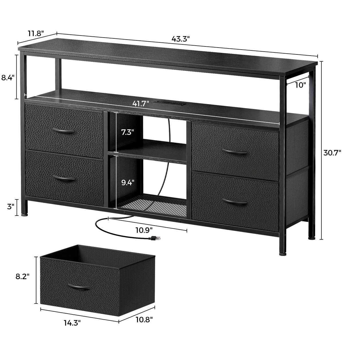 Amadwell TV Stand with Power Outlets & LED Lights, 4 Drawer Dresser Entertainment Center, Media Console with Open Shelf, Black