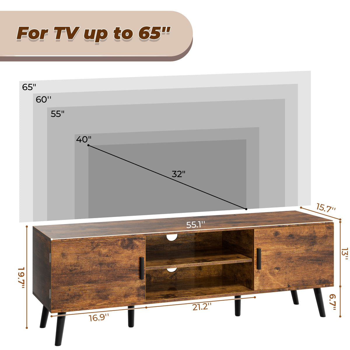 Amadwell Mid Century TV Stand for 60" TVs, Adjustable Shelf, 54 inch Media Console for Living Room, Brown